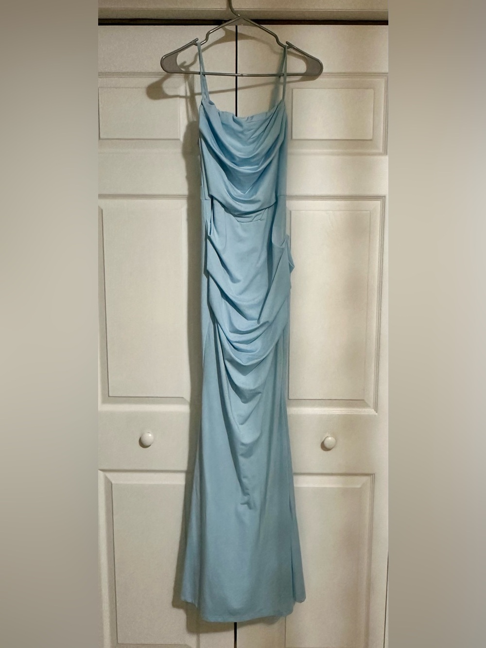 Elegant Ice Blue Draped Formal Cocktail Dress
